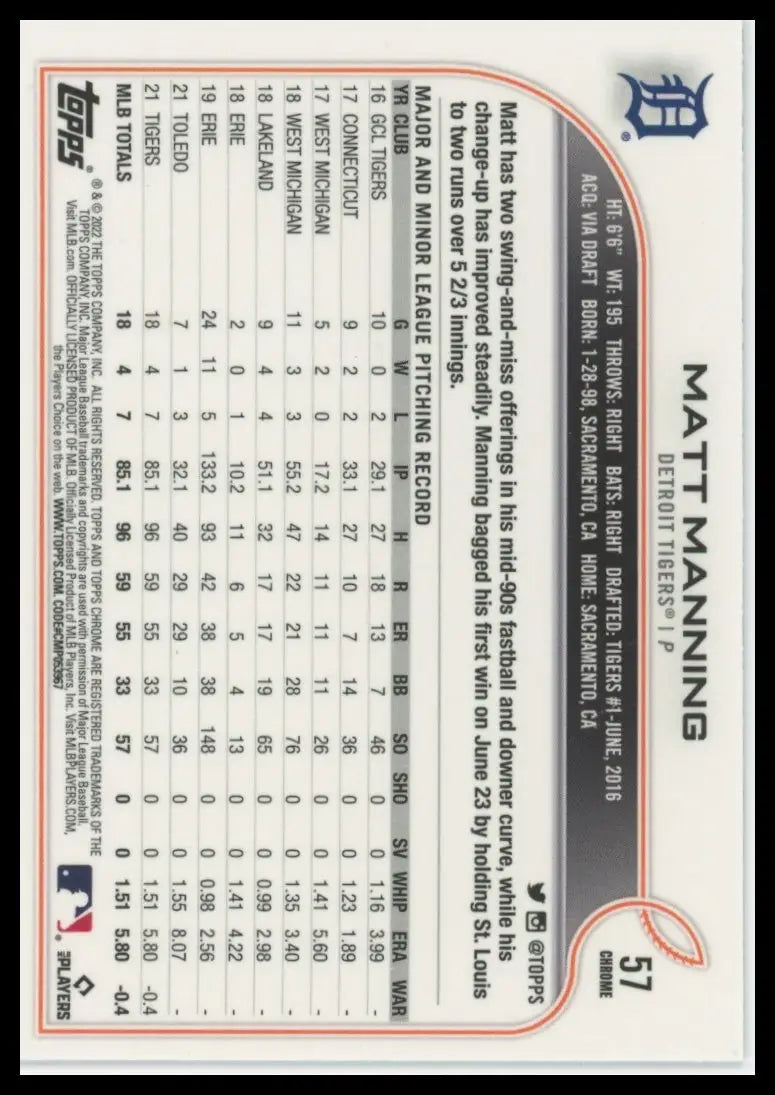 2022 Topps Chrome Matt Manning RC 57 Detroit Tigers Baseball NM - Baseball Card Single