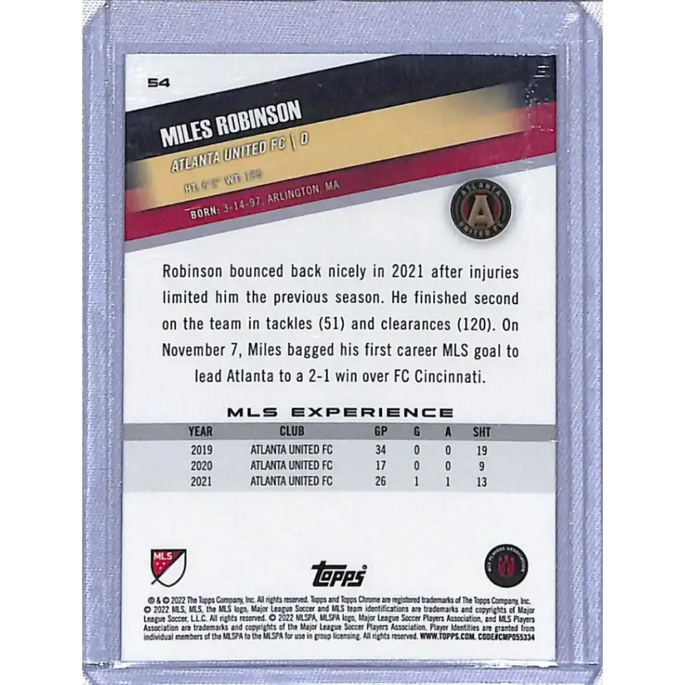 2022 Topps Chrome MLS Soccer #54 Miles Robinson NM-MT Atlanta United FC - Soccer Card Single