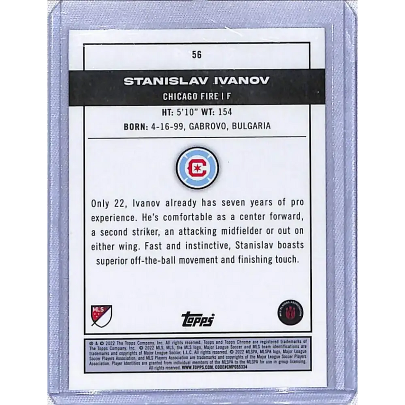 2022 Topps Chrome MLS Soccer #56 Stanislav Ivanov NM-MT RC Rookie Chicago Fire - Soccer Card Single
