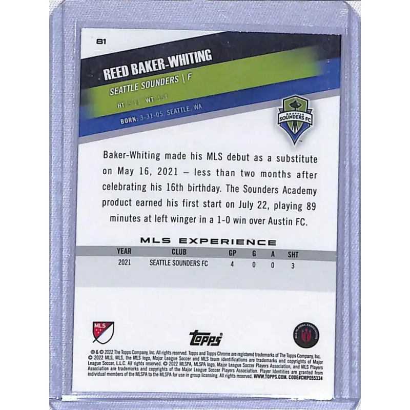2022 Topps Chrome MLS Soccer #81 Reed Baker-Whiting NM-MT RC Rookie Seattle Sounders - Soccer Card Single
