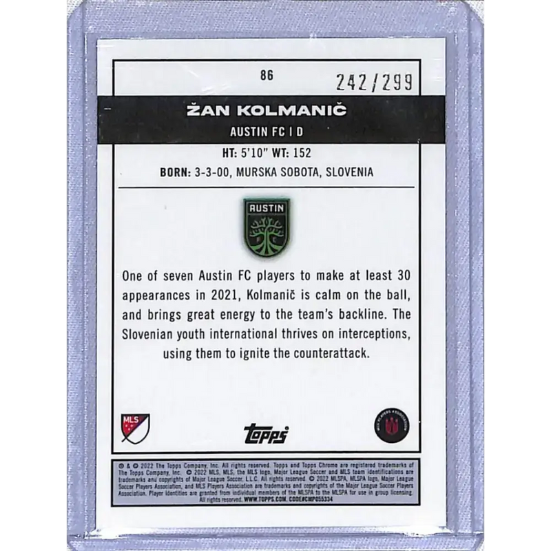 2022 Topps Chrome MLS Soccer Green #86 Zan Kolmanic NM-MT RC Rookie 242/299 Austin FC - Soccer Card Single