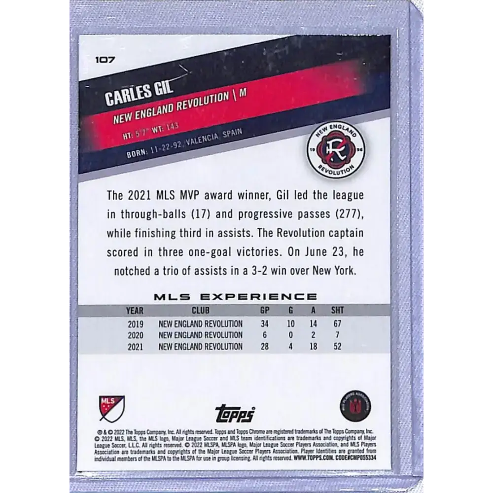 2022 Topps Chrome MLS Soccer Pink #107 Carles Gil NM-MT New England Revolution - Soccer Card Single
