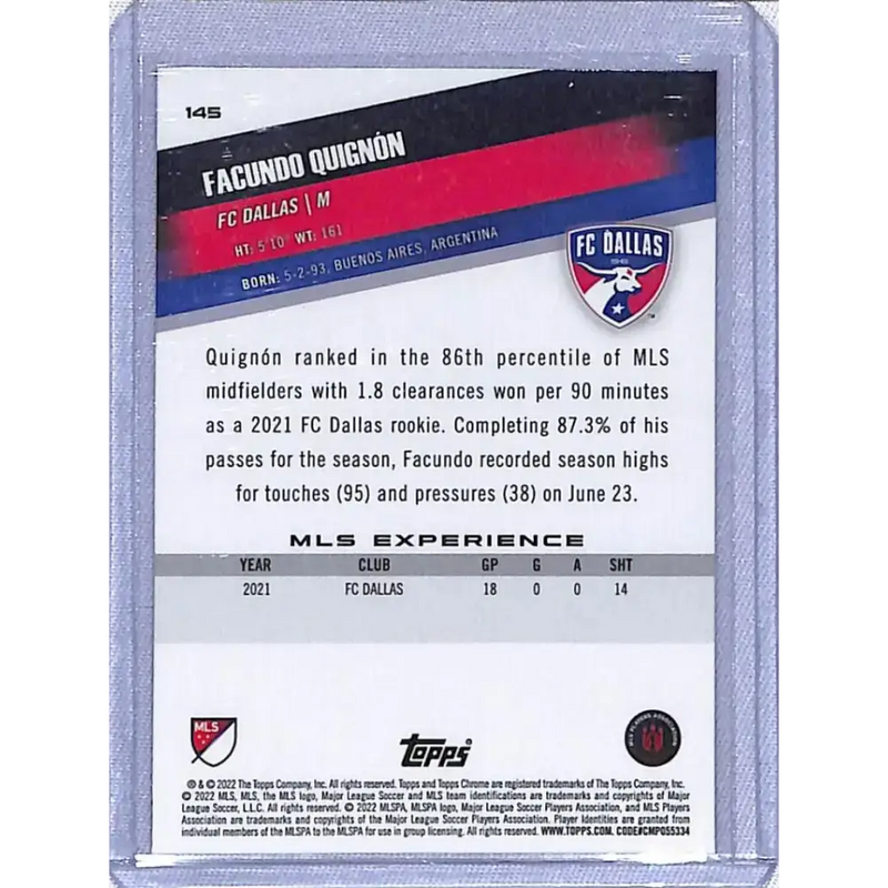 2022 Topps Chrome MLS Soccer Pink #145 Facundo Quignon NM-MT FC Dallas - Soccer Card Single