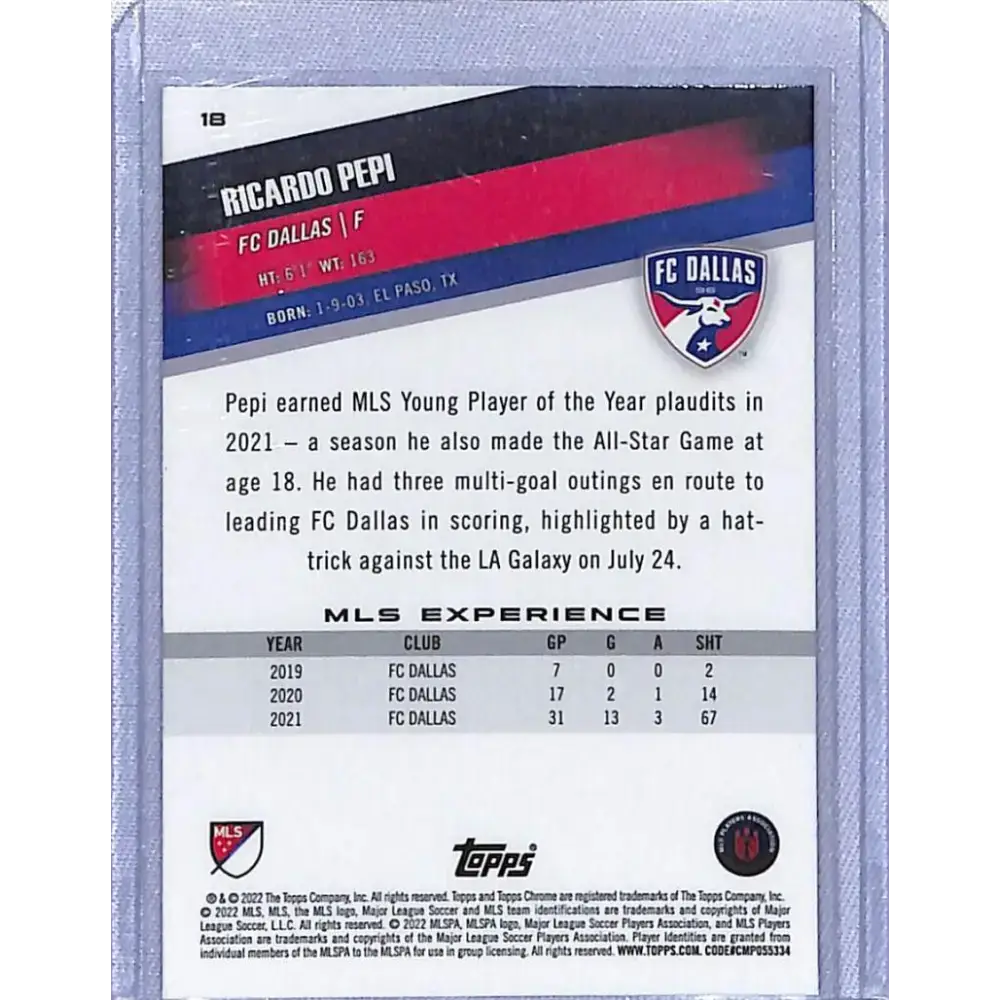 2022 Topps Chrome MLS Soccer Pink #18 Ricardo Pepi NM-MT FC Dallas - Soccer Card Single
