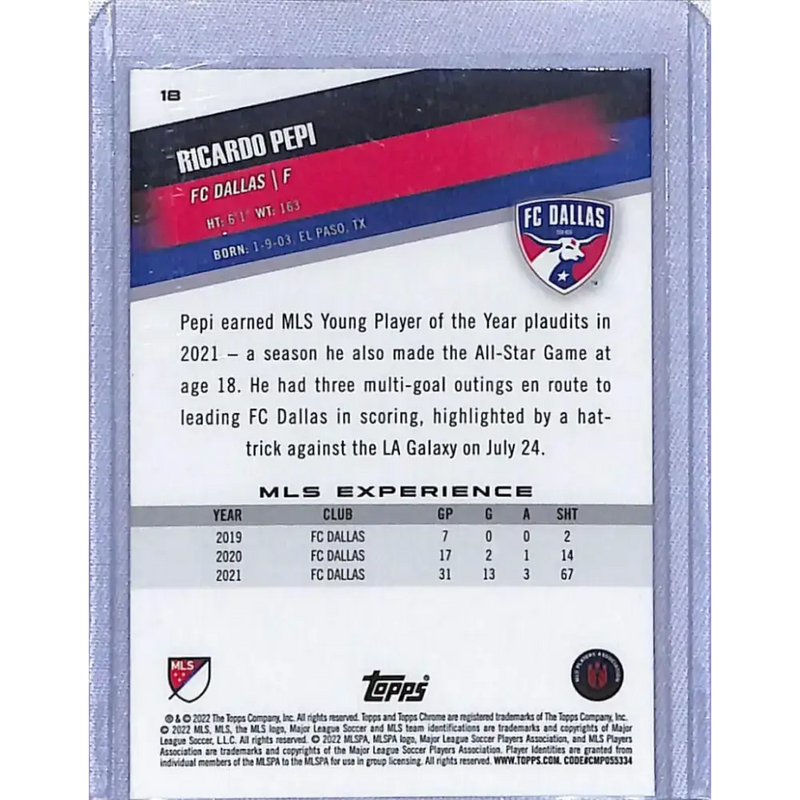 2022 Topps Chrome MLS Soccer Pink #18 Ricardo Pepi NM-MT FC Dallas - Soccer Card Single