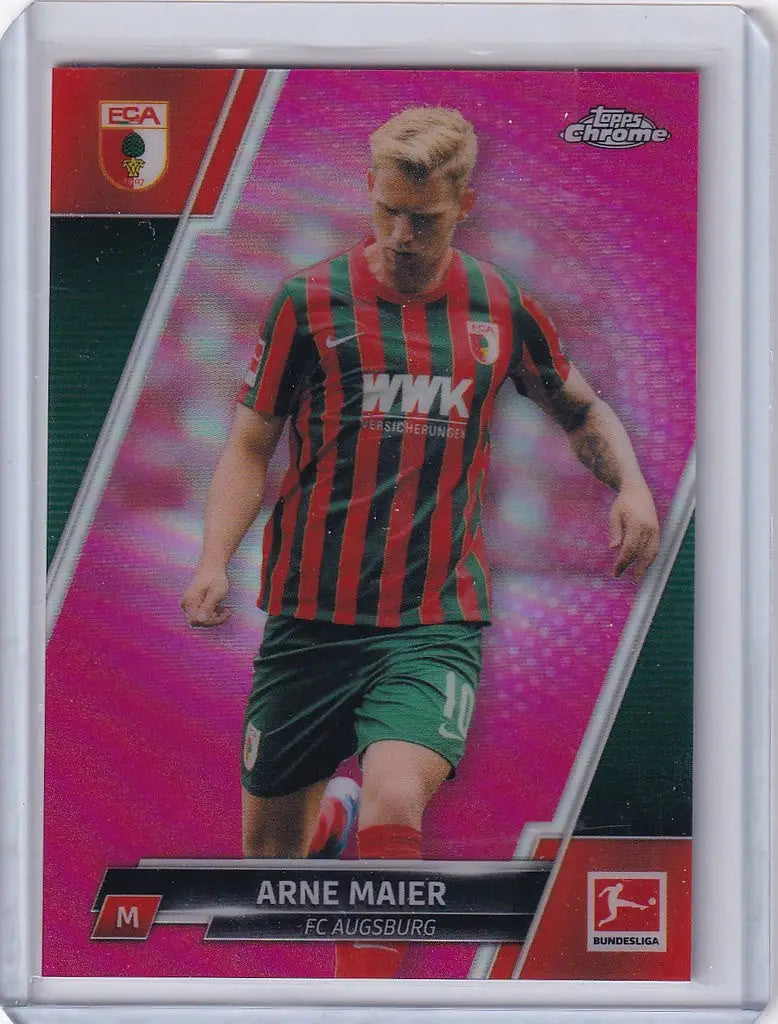 Topps Chrome Pink Arne Maier FC Augsburg soccer trading card in red and green jersey