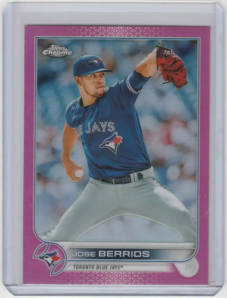Baseball card of Jose Berrios mid-throw from 2022 Topps Chrome Pink, Toronto Blue Jays