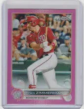 Baseball trading card of Ryan Zimmerman in red uniform from Topps Chrome Pink
