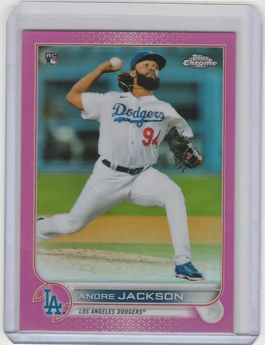 Baseball card of Andre Jackson in mid-throw, featuring Topps Chrome Pink design