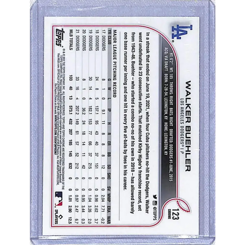 2022 Topps Chrome Pink #123 Walker Buehler NM-MT Los Angeles Dodgers - Baseball Card Single