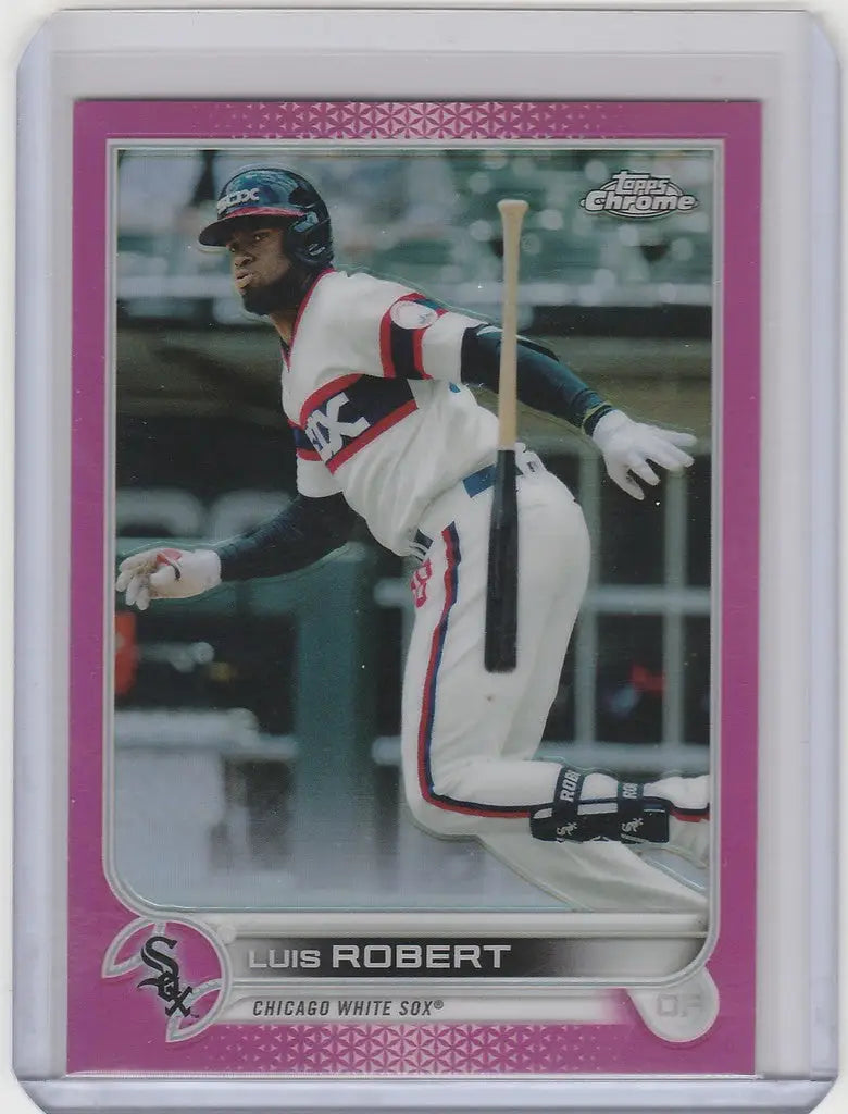 Baseball card of Luis Robert in batting stance from 2022 Topps Chrome Pink, Chicago White Sox