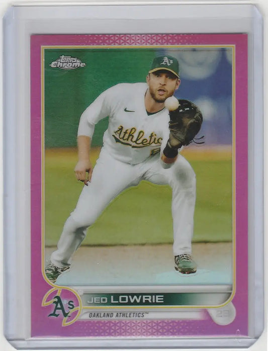 Baseball card of Jed Lowrie throwing for Oakland Athletics in Topps Chrome Pink design