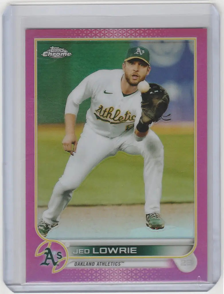Baseball card of Jed Lowrie throwing for Oakland Athletics in Topps Chrome Pink design