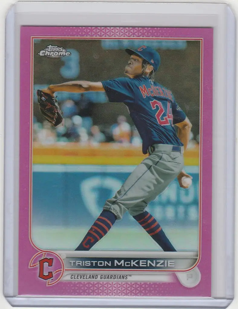 Baseball card of Triston McKenzie in blue uniform, Topps Chrome Pink #142
