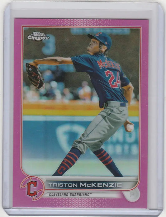 Baseball card of Triston McKenzie in blue uniform, Topps Chrome Pink #142