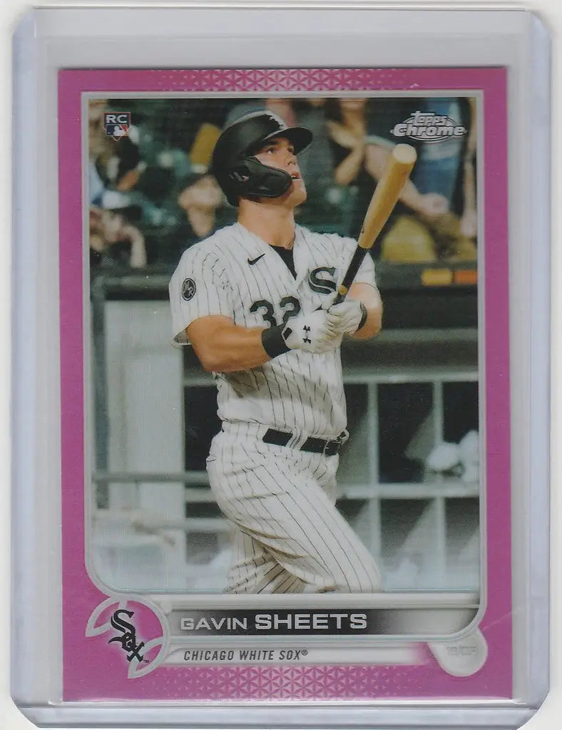 Baseball card of Gavin Sheets batting in white pinstriped uniform, Topps Chrome Pink