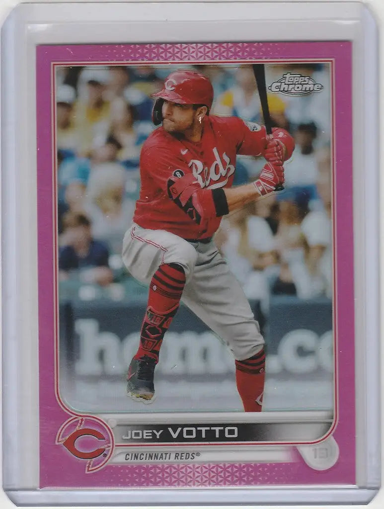 Baseball card of Cincinnati Reds player Joey Votto in batting stance, Topps Chrome Pink