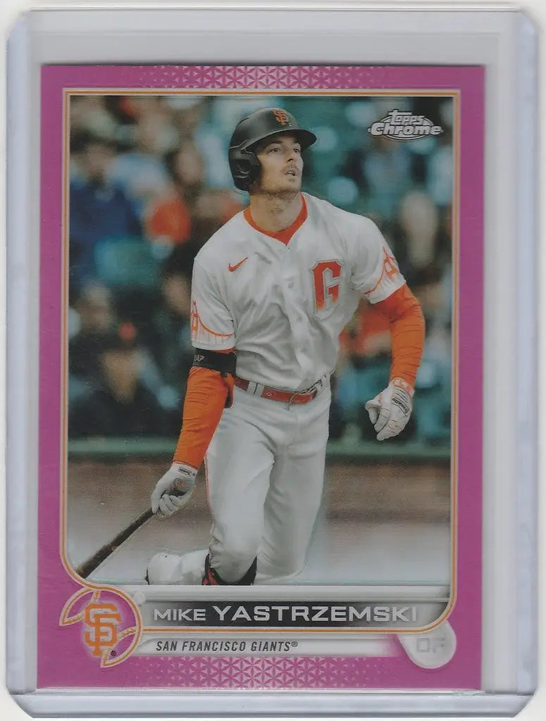 Baseball card of Mike Yastrzemski in batting stance, Topps Chrome Pink, San Francisco Giants