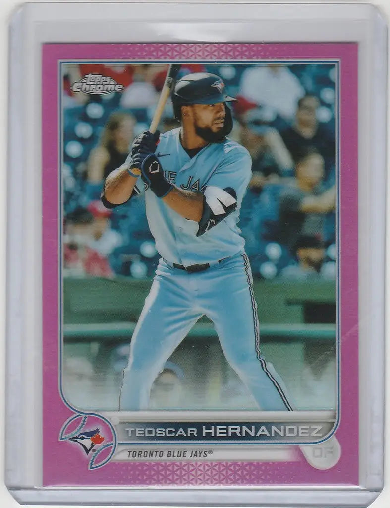 Topps Chrome Pink card of Teoscar Hernandez in light blue uniform for Toronto Blue Jays