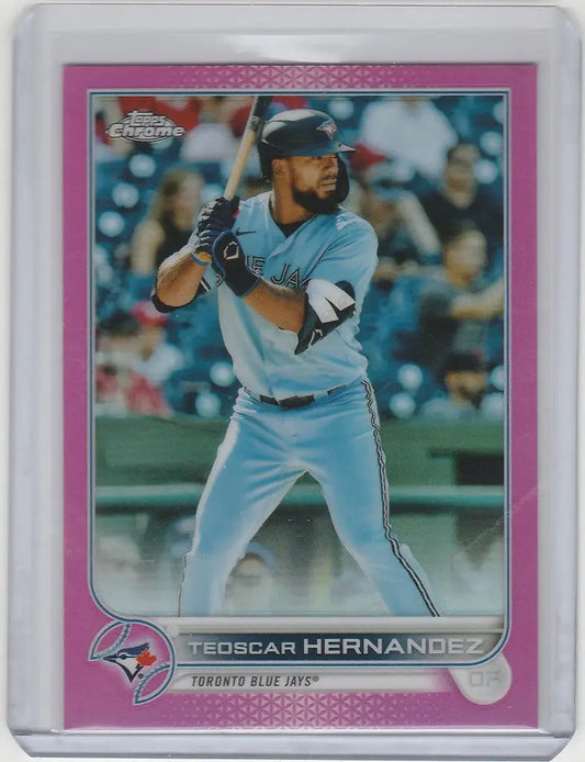 Topps Chrome Pink card of Teoscar Hernandez in light blue uniform for Toronto Blue Jays