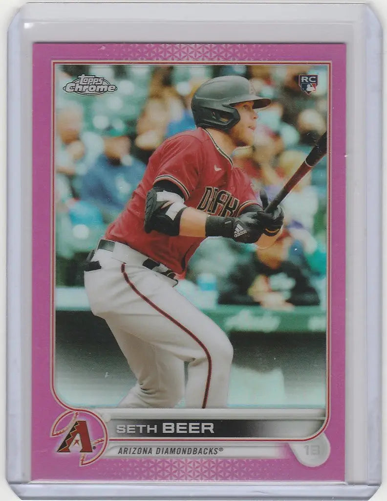 Baseball card of Seth Beer in batting stance from 2022 Topps Chrome Pink Arizona Diamondbacks RC