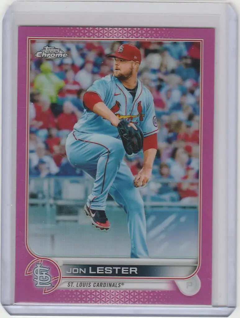 Baseball card of Jon Lester in light blue uniform for 2022 Topps Chrome Pink #187