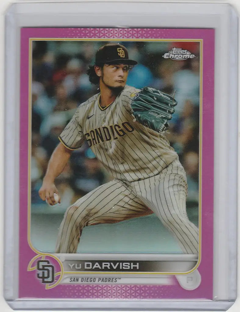 Topps Chrome Pink Yu Darvish baseball card showcasing San Diego Padres pitcher in action