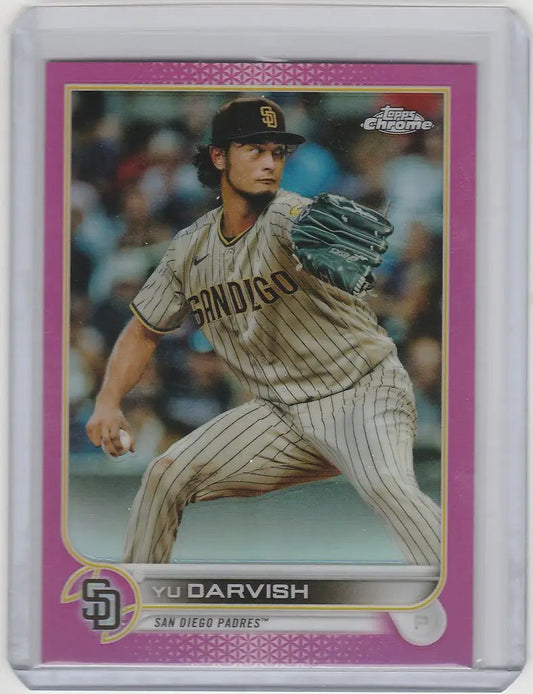 Topps Chrome Pink Yu Darvish baseball card showcasing San Diego Padres pitcher in action