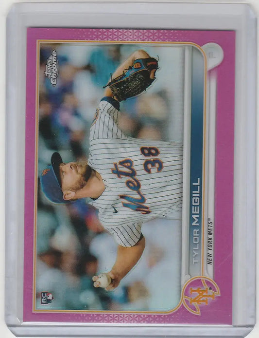 Baseball card of Tylor Megill mid-throw for New York Mets Topps Chrome Pink