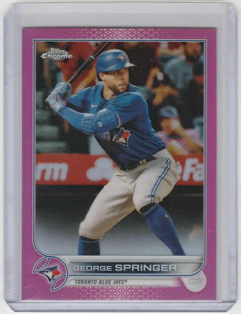 George Springer swinging bat on 2022 Topps Chrome Pink baseball card, Toronto Blue Jays