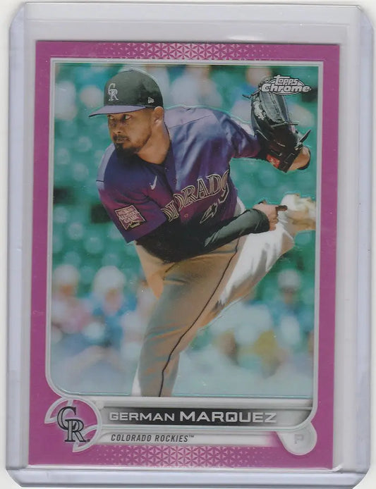 Baseball card of German Marquez pitching from the 2022 Topps Chrome Pink series