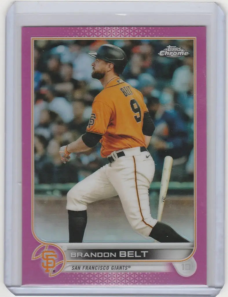 Baseball card of Brandon Belt in batting stance from Topps Chrome Pink San Francisco Giants