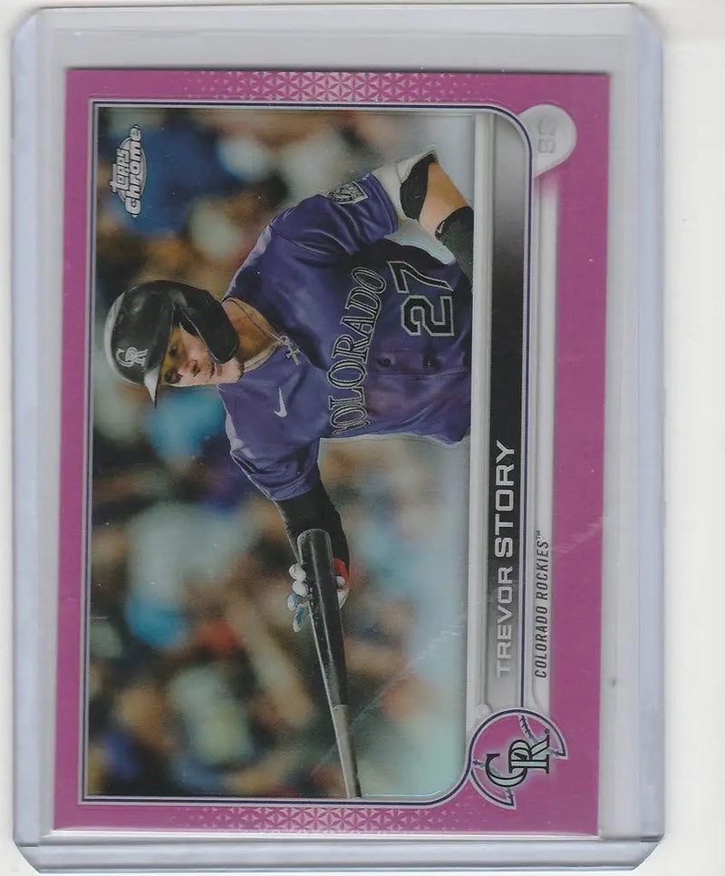 Baseball trading card of Trevor Story in Colorado Rockies purple uniform, Topps Chrome Pink