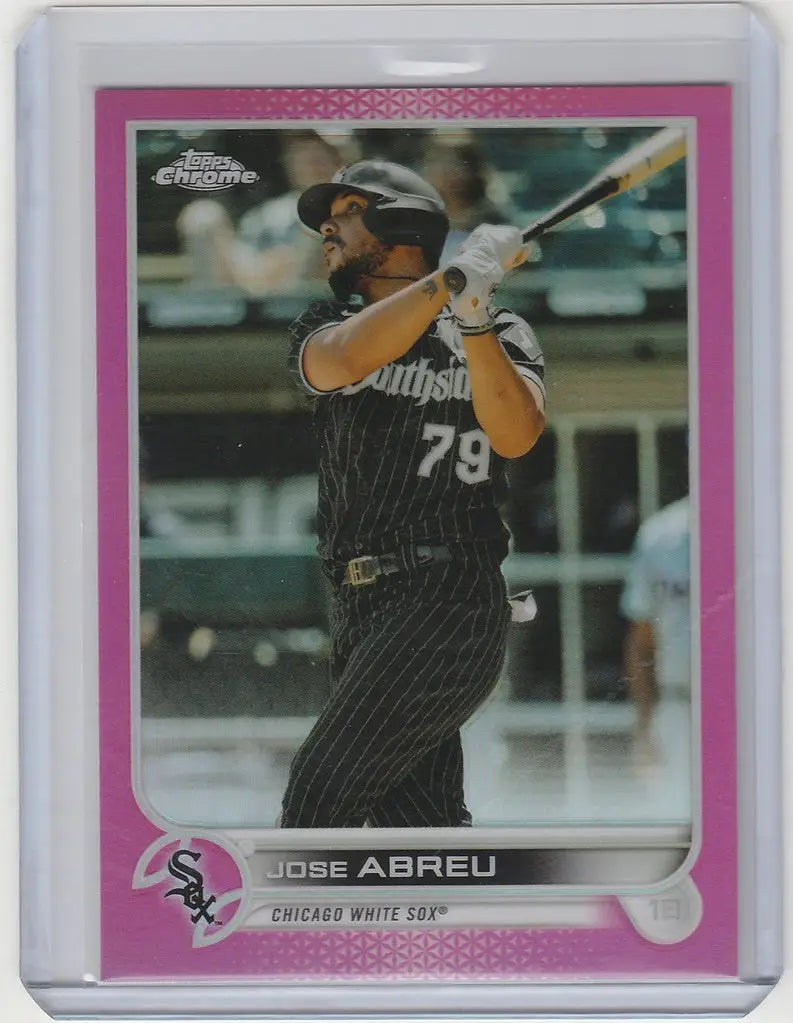 Baseball card of Jose Abreu in batting stance for Topps Chrome Pink, Chicago White Sox