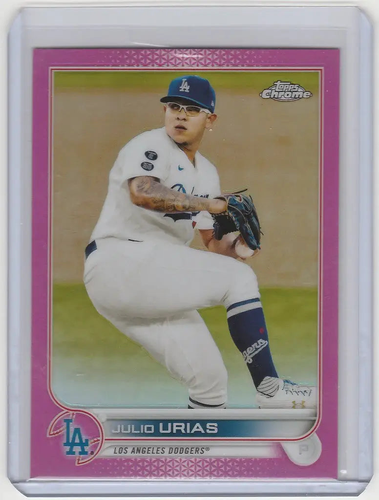 Baseball card of Julio Urias in mid-throw for Topps Chrome Pink Los Angeles Dodgers