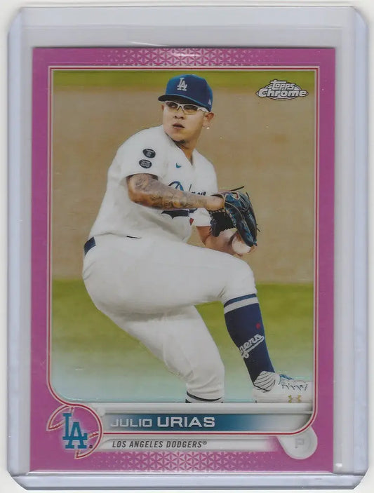 Baseball card of Julio Urias in mid-throw for Topps Chrome Pink Los Angeles Dodgers
