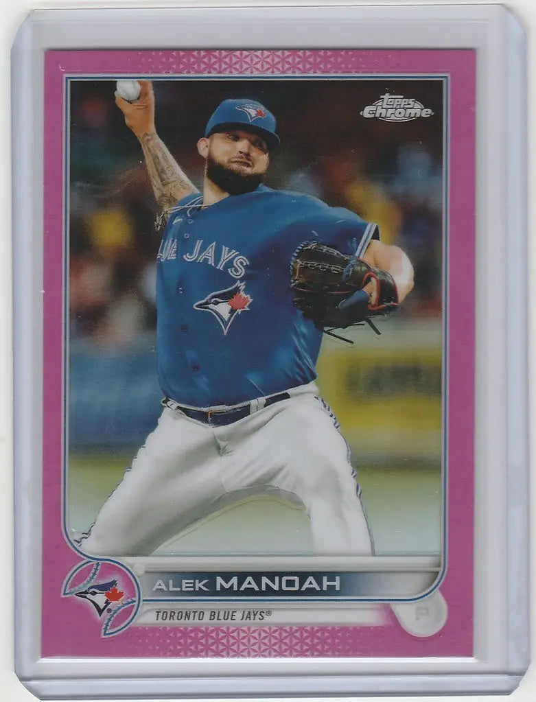 Toronto Blue Jays pitcher Alek Manoah in mid-throw on a Topps Chrome Pink card