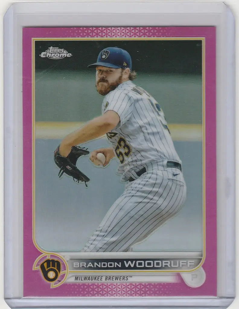Baseball card of Milwaukee Brewers pitcher Brandon Woodruff in Topps Chrome Pink design
