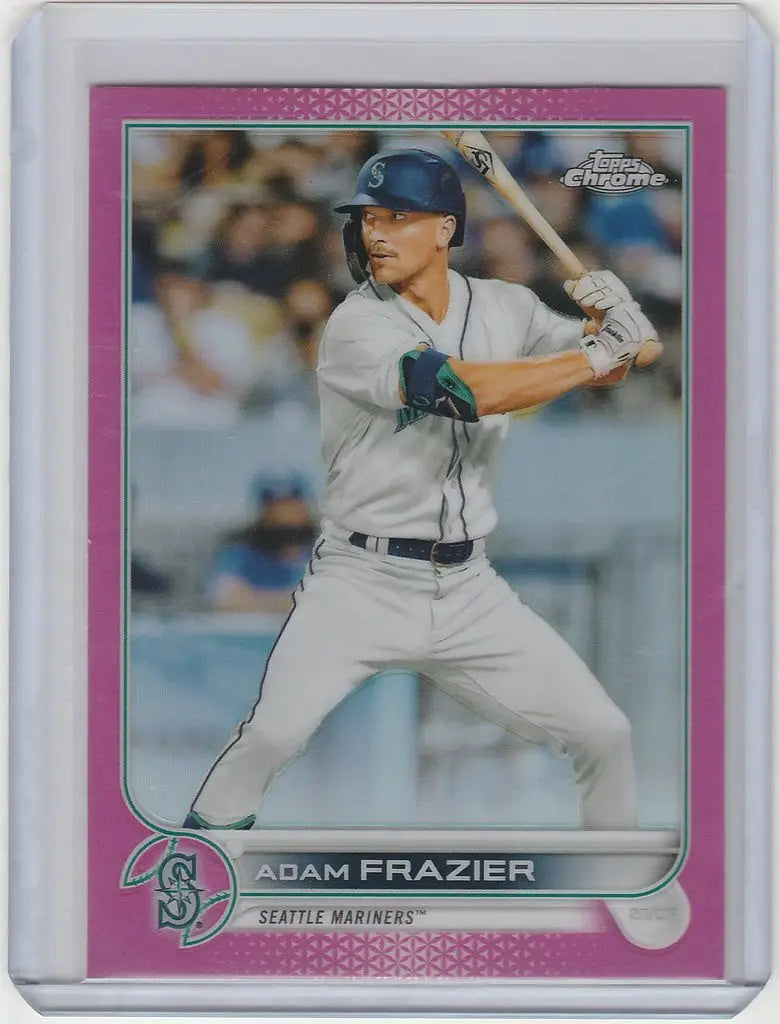 Baseball card of Adam Frazier batting in gray Seattle Mariners uniform Topps Chrome Pink