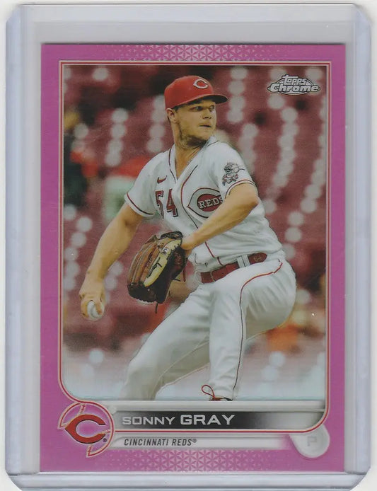 Baseball card of Sonny Gray in mid-throw for Topps Chrome Pink Cincinnati Reds