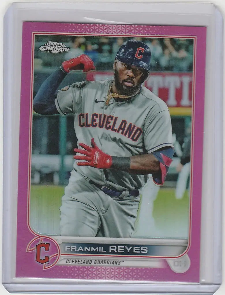 Baseball card of Franmil Reyes in gray uniform from Topps Chrome Pink set