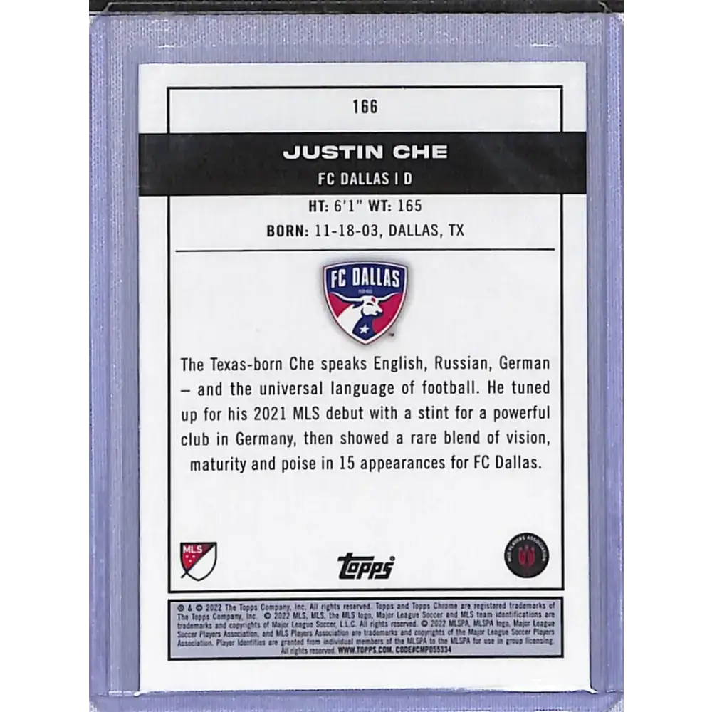2022 Topps Chrome Pitch Prodigies Sparkle #166 Justin Che NM-MT FC Dallas - Soccer Card Single