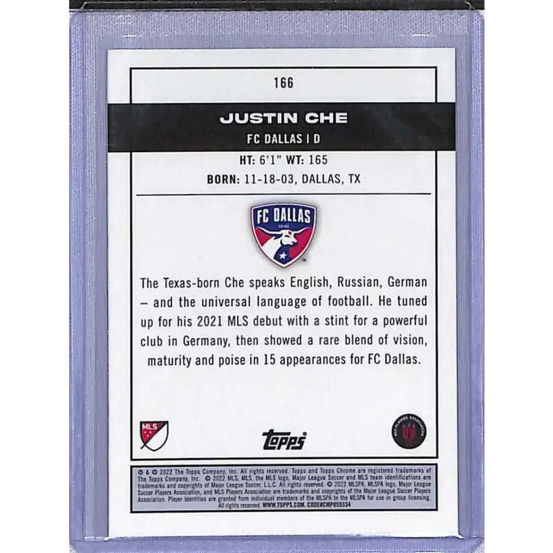 2022 Topps Chrome Pitch Prodigies Sparkle #166 Justin Che NM-MT FC Dallas - Soccer Card Single