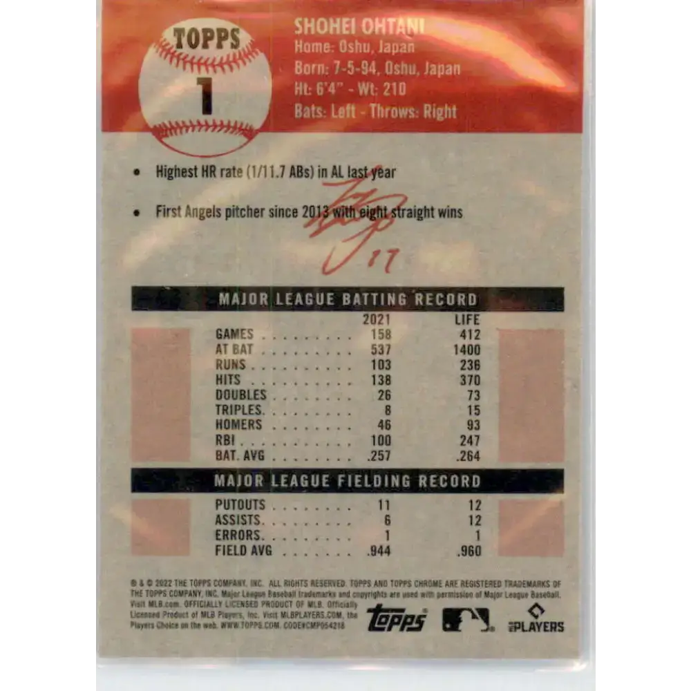 2022 Topps Chrome Platinum Anniversary #1 Shohei Ohtani NM-MT Los Angeles Angels Baseball Card