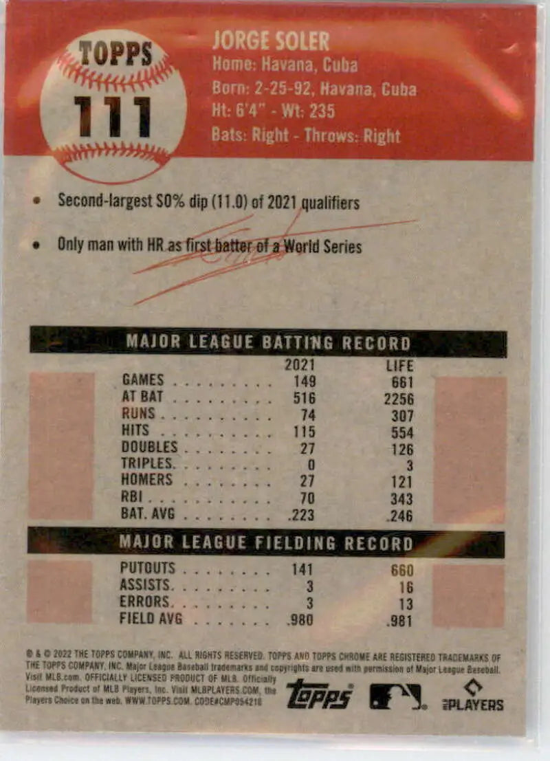 2022 Topps Chrome Platinum Anniversary #111 Jorge Soler EX Excellent Miami Marlins Baseball Card - Baseball Card Single