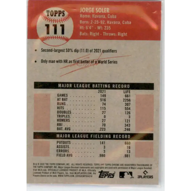 2022 Topps Chrome Platinum Anniversary #111 Jorge Soler NM-MT Miami Marlins Baseball Card - Baseball Card Single