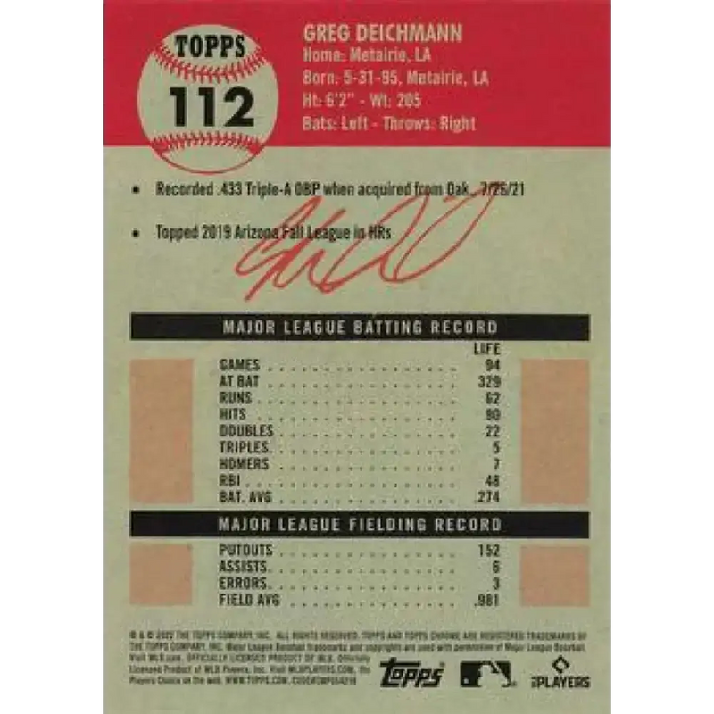 2022 Topps Chrome Platinum Anniversary #112 Greg Deichmann NM-MT RC Rookie Chicago Cubs Baseball Card - Baseball Card