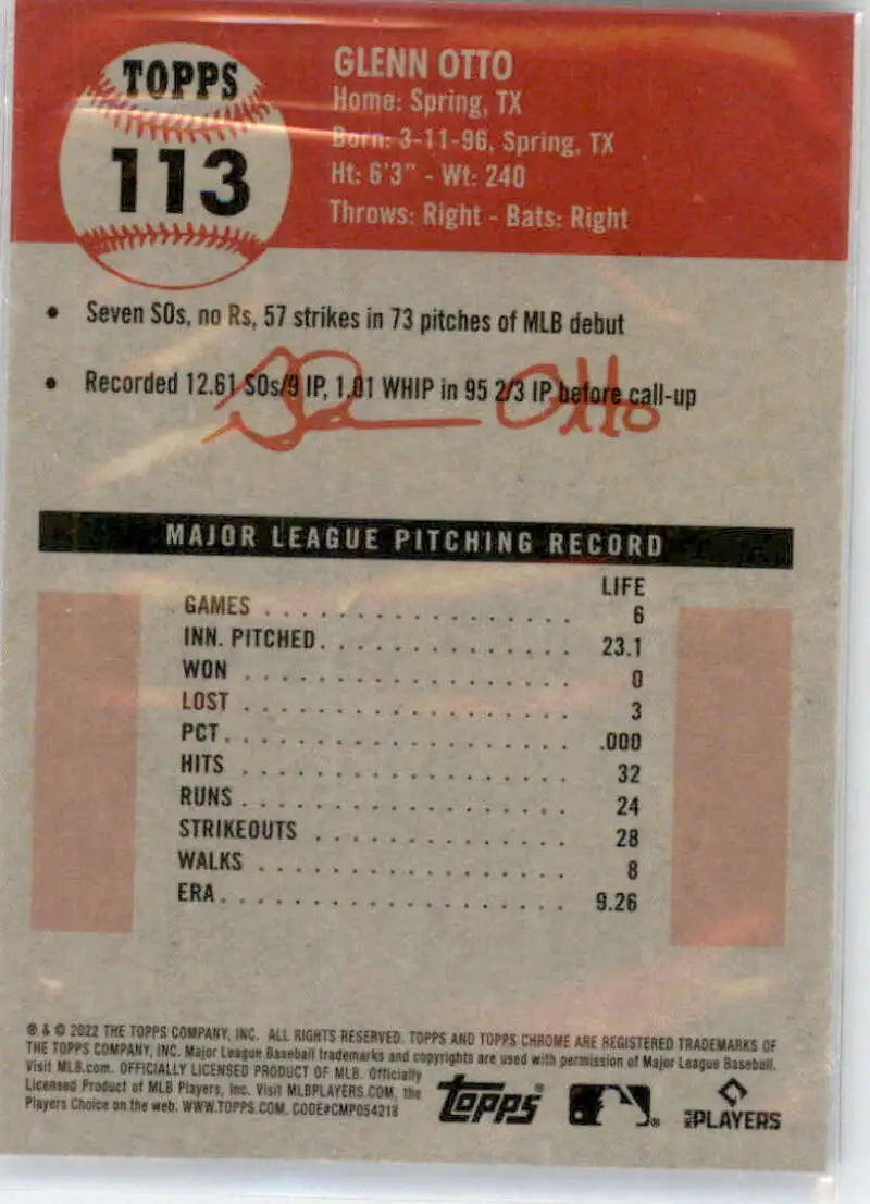 2022 Topps Chrome Platinum Anniversary #113 Glenn Otto EX Excellent RC Rookie Texas Rangers Baseball Card - Baseball