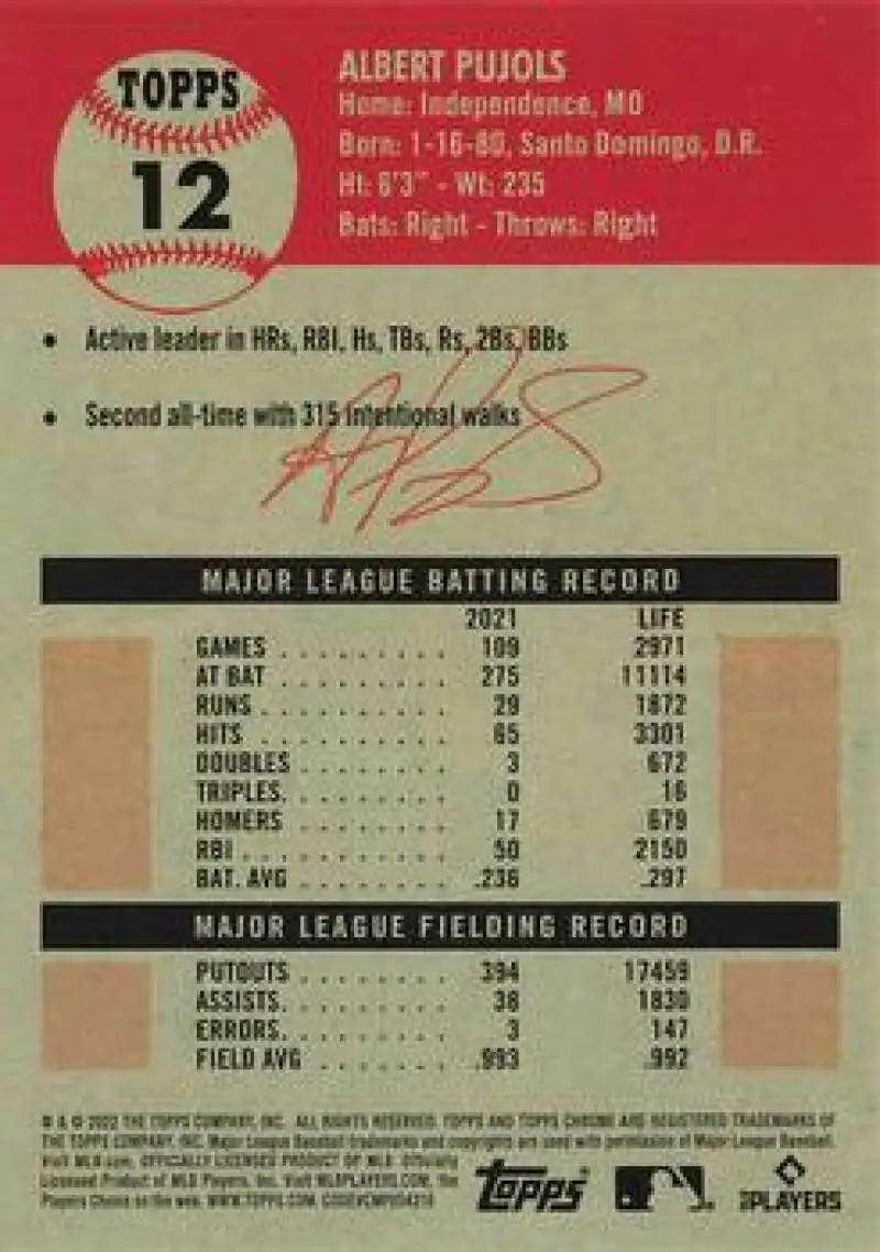 2022 Topps Chrome Platinum Anniversary #12 Albert Pujols EX Excellent St. Louis Cardinals Baseball Card - Baseball Card
