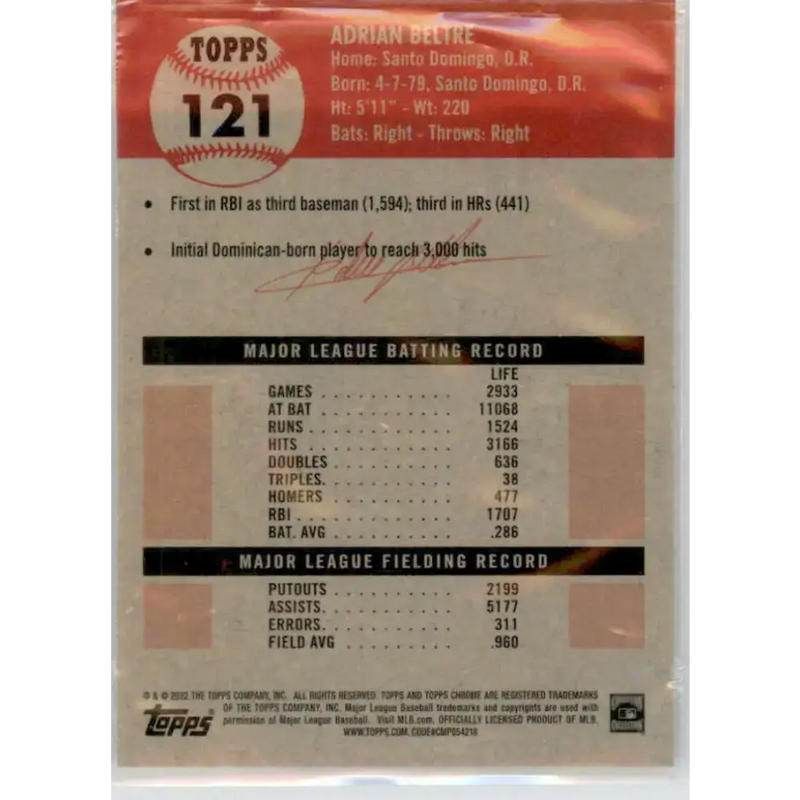 2022 Topps Chrome Platinum Anniversary #121 Adrian Beltre NM-MT Texas Rangers Baseball Card - Baseball Card Single